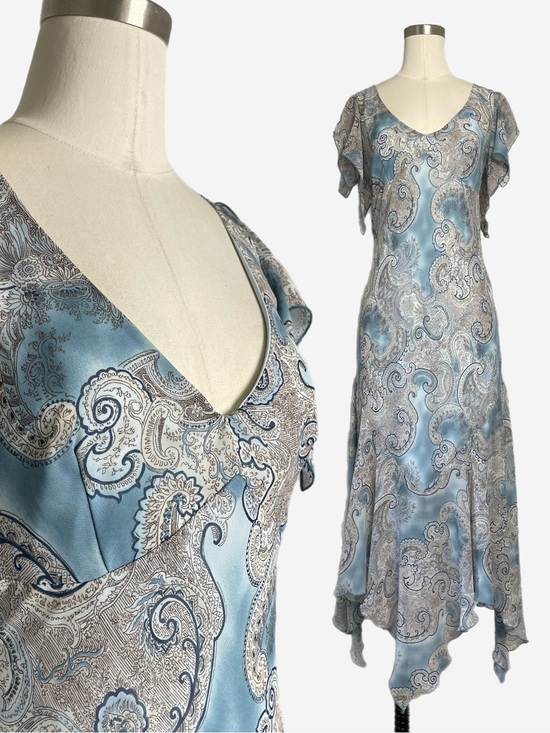 Vintage Dresses & Skirts - Vintage Y2K La Belle Blue paisley flutter sleeve asymmetric dress whimsical S